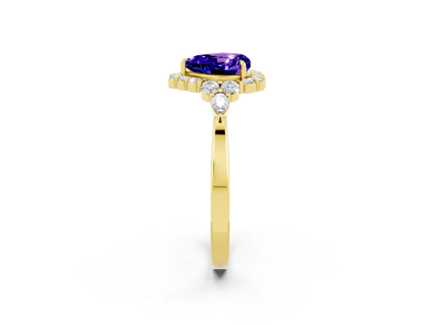 Yellow gold Heart Cut Tanzanite Halo Ring with Pear Side Stones and Prong Setting_14