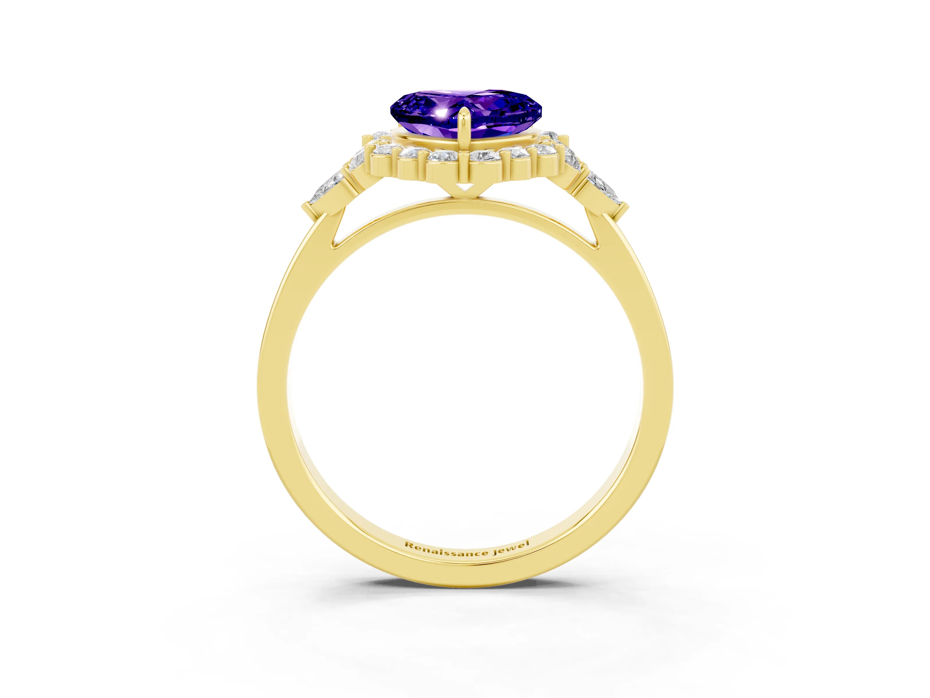 Yellow gold Heart Cut Tanzanite Halo Ring with Pear Side Stones and Prong Setting_15