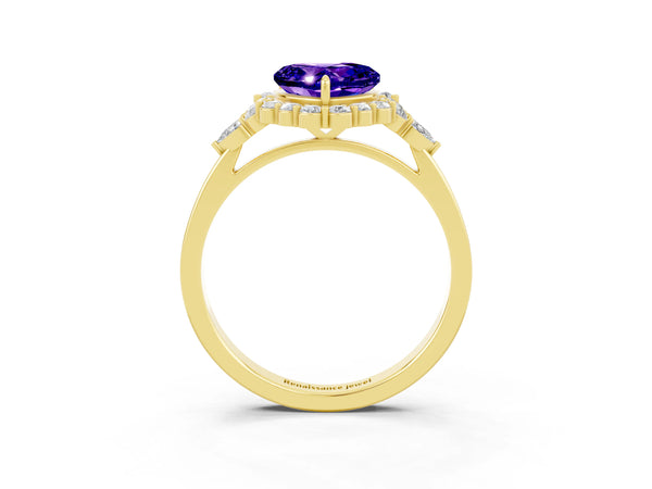 Yellow gold Heart Cut Tanzanite Halo Ring with Pear Side Stones and Prong Setting