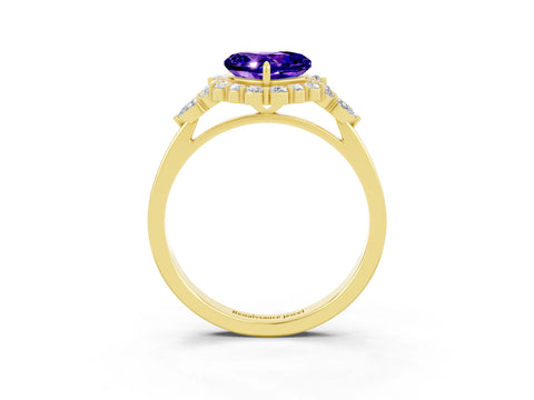 Yellow gold Heart Cut Tanzanite Halo Ring with Pear Side Stones and Prong Setting_15