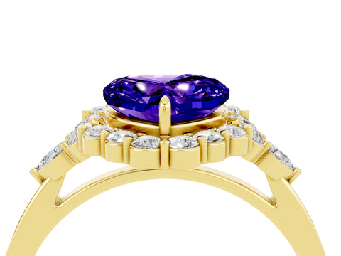 Yellow gold Heart Cut Tanzanite Halo Ring with Pear Side Stones and Prong Setting_16