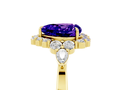 Yellow gold Heart Cut Tanzanite Halo Ring with Pear Side Stones and Prong Setting_17
