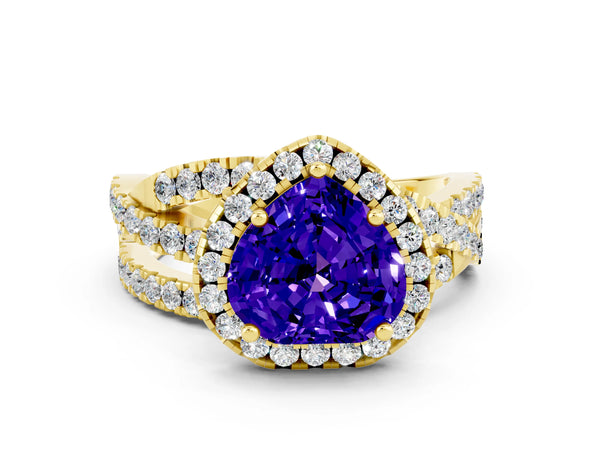 Yellow gold Heart Cut Tanzanite Halo Ring with Round Split Shank and Prong Setting