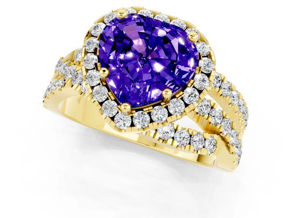 Yellow gold Heart Cut Tanzanite Halo Ring with Round Split Shank and Prong Setting