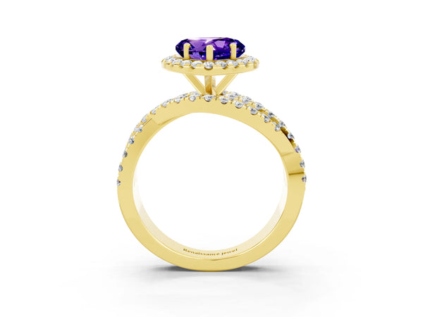 Yellow gold Heart Cut Tanzanite Halo Ring with Round Split Shank and Prong Setting