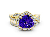 Yellow gold Heart Cut Tanzanite Halo Ring with Round Split Shank and Prong Setting_48