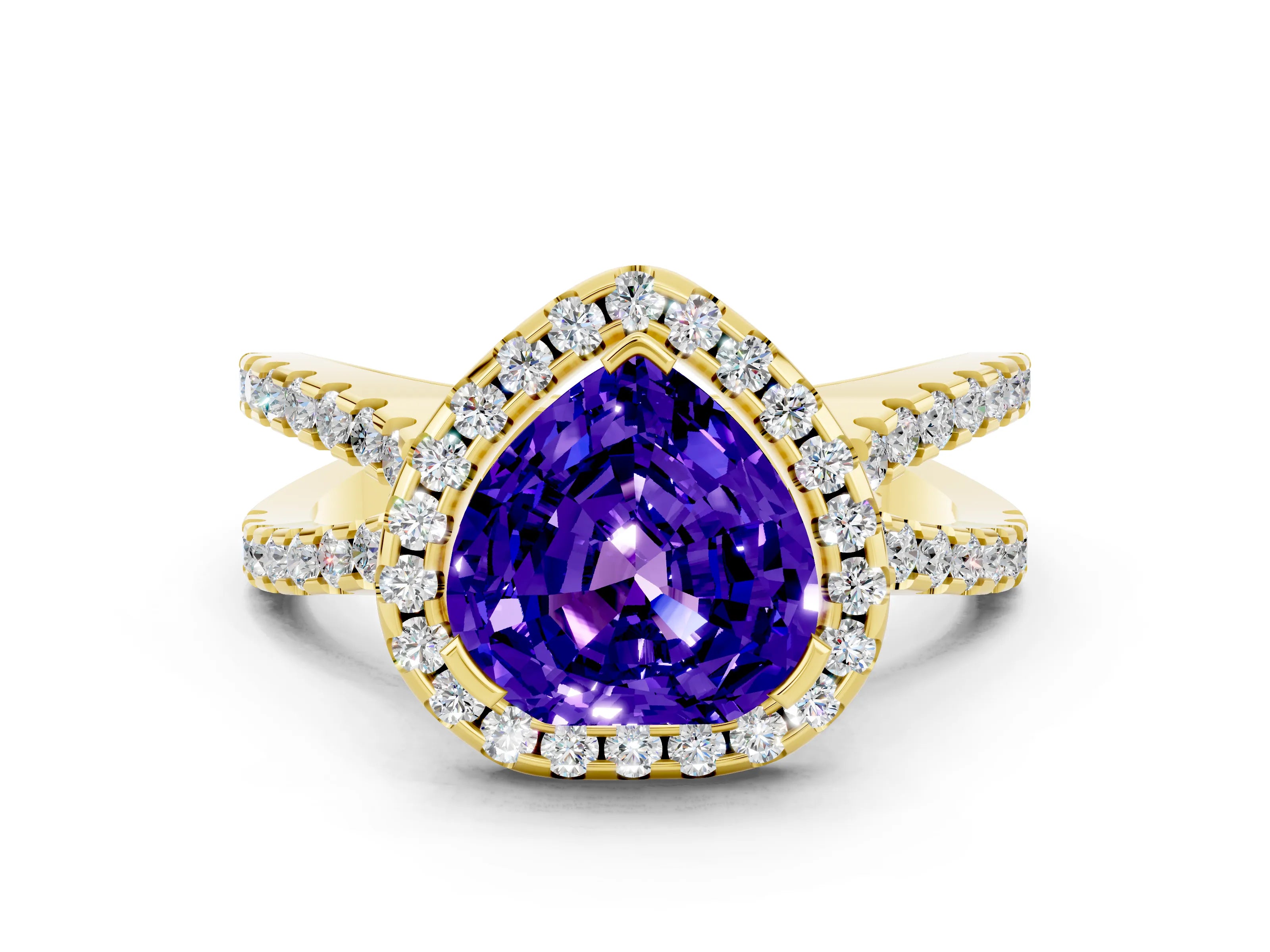 Yellow gold Heart Cut Tanzanite Halo Ring with Split Shank Pavé Band and Prong Setting