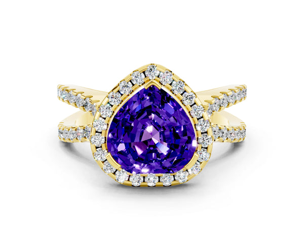 Yellow gold Heart Cut Tanzanite Halo Ring with Split Shank Pavé Band and Prong Setting