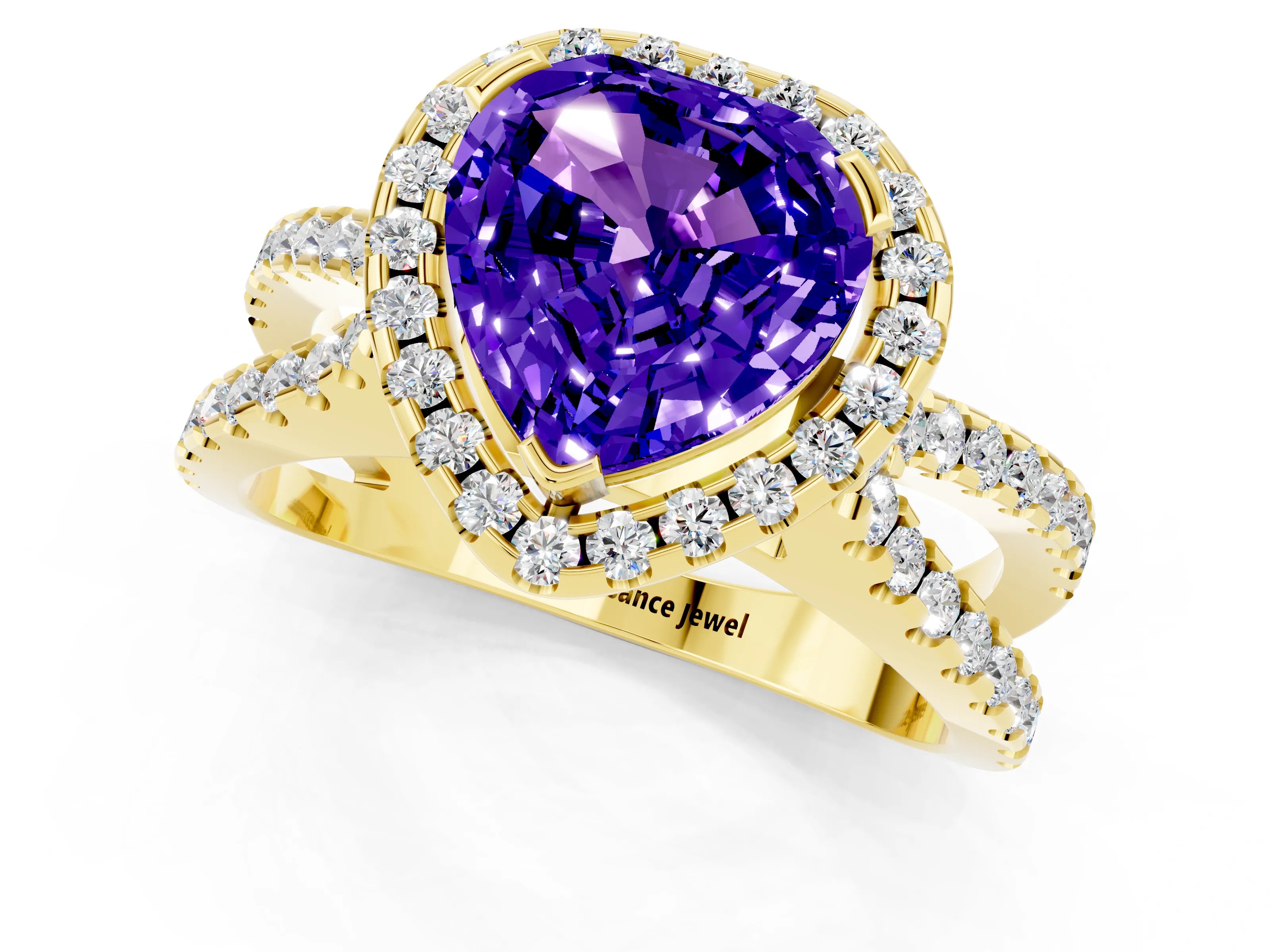 Yellow gold Heart Cut Tanzanite Halo Ring with Split Shank Pavé Band and Prong Setting_1