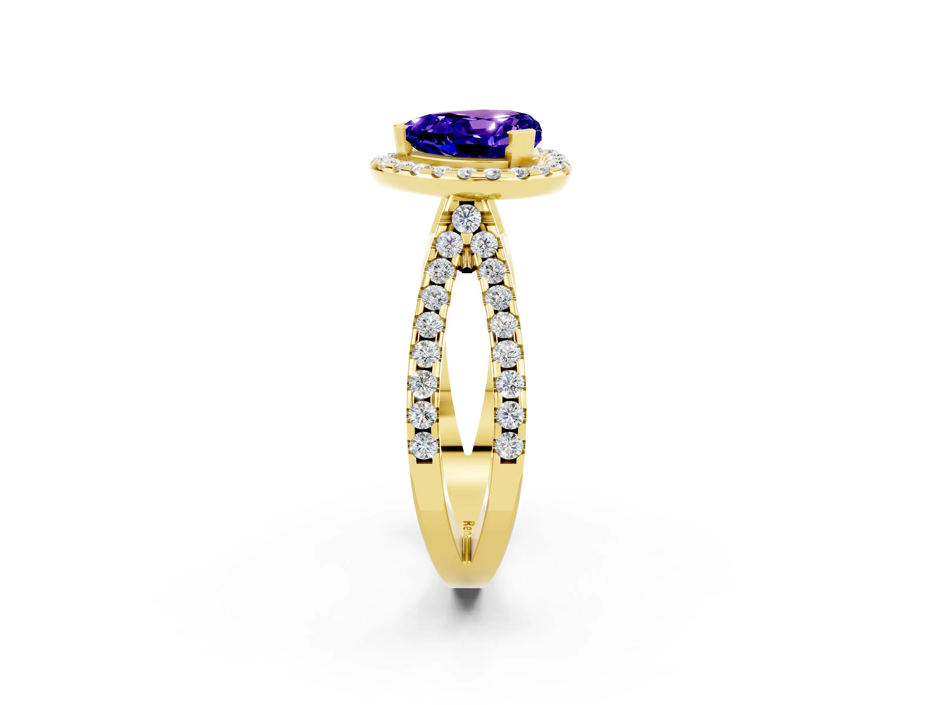 Yellow gold Heart Cut Tanzanite Halo Ring with Split Shank Pavé Band and Prong Setting_2