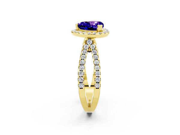 Yellow gold Heart Cut Tanzanite Halo Ring with Split Shank Pavé Band and Prong Setting