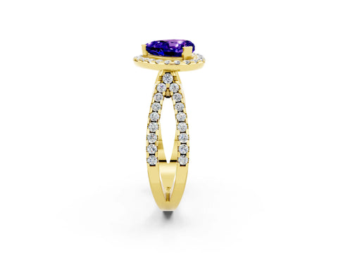 Yellow gold Heart Cut Tanzanite Halo Ring with Split Shank Pavé Band and Prong Setting_2
