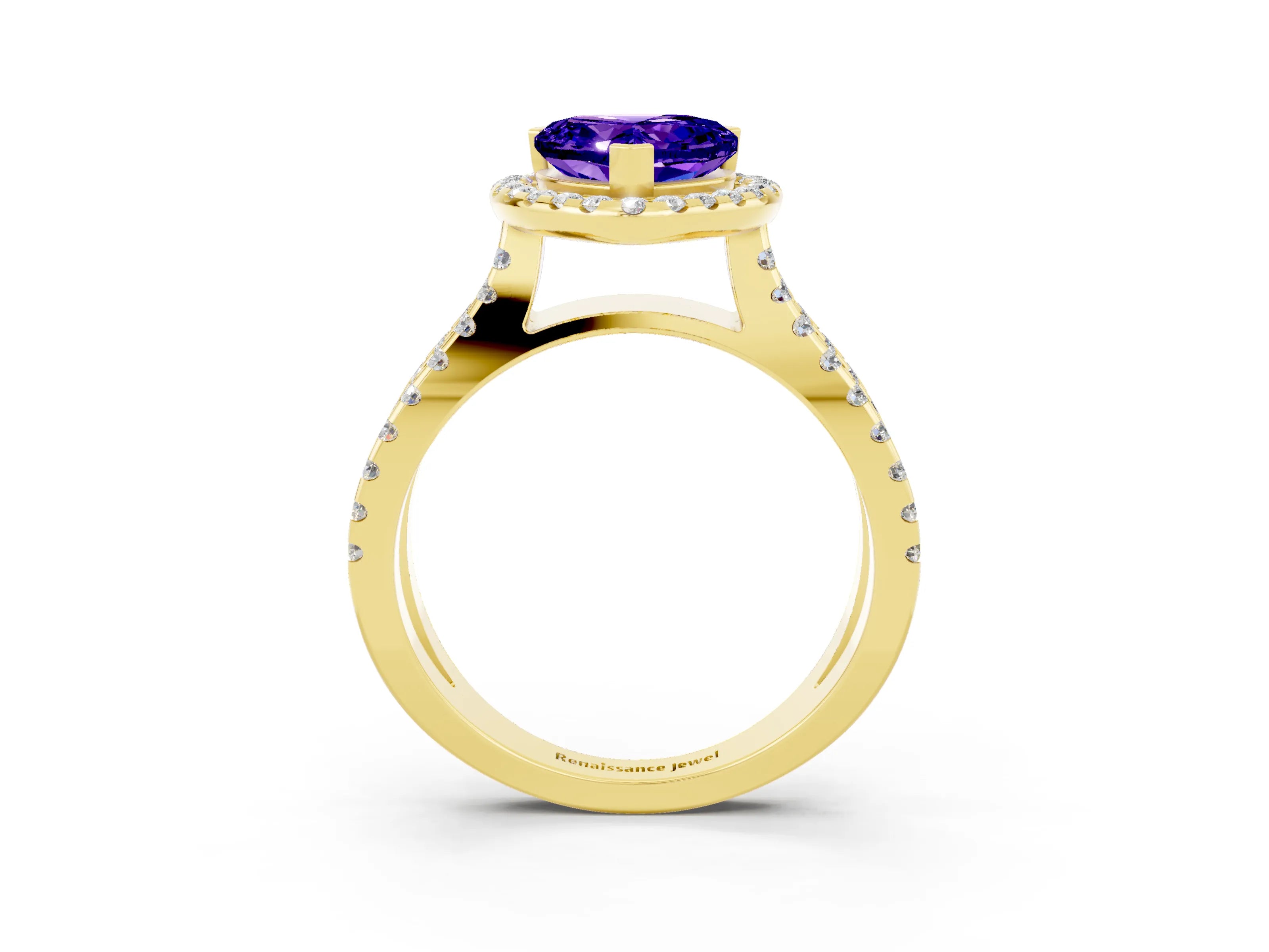 Yellow gold Heart Cut Tanzanite Halo Ring with Split Shank Pavé Band and Prong Setting_3