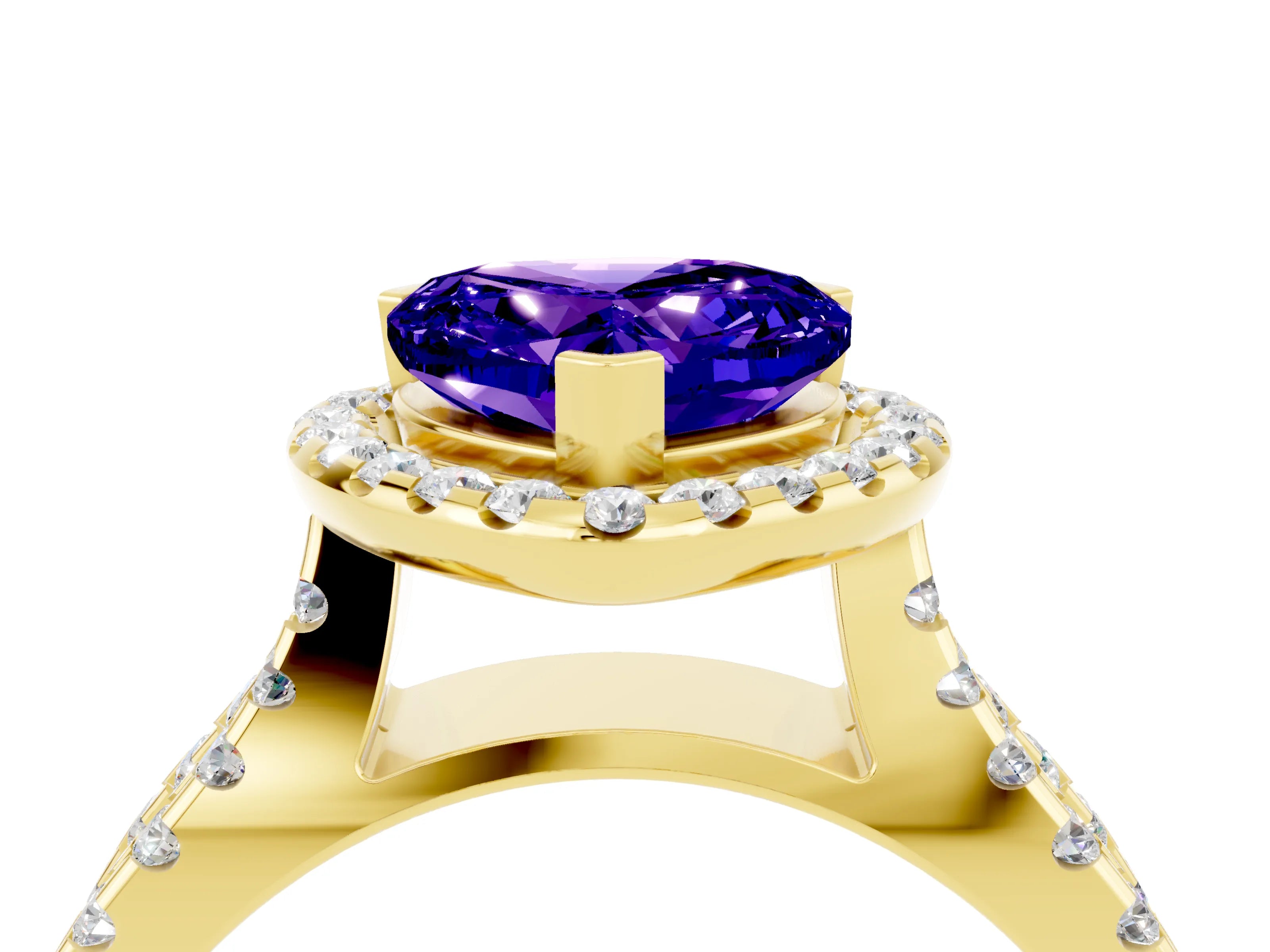 Yellow gold Heart Cut Tanzanite Halo Ring with Split Shank Pavé Band and Prong Setting_4