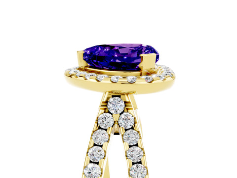 Yellow gold Heart Cut Tanzanite Halo Ring with Split Shank Pavé Band and Prong Setting_5