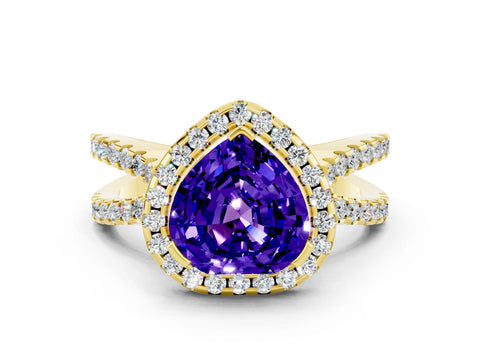 Yellow gold Heart Cut Tanzanite Halo Ring with Split Shank Pavé Band and Prong Setting