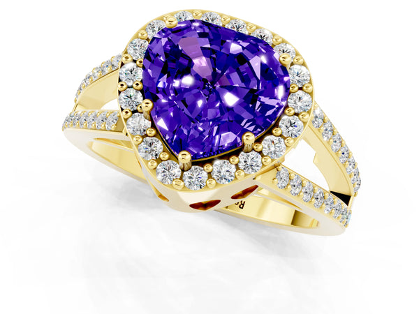 Yellow gold Heart Cut Tanzanite Halo Ring with Split Shank U-Prong Band and Four-Prong Setting