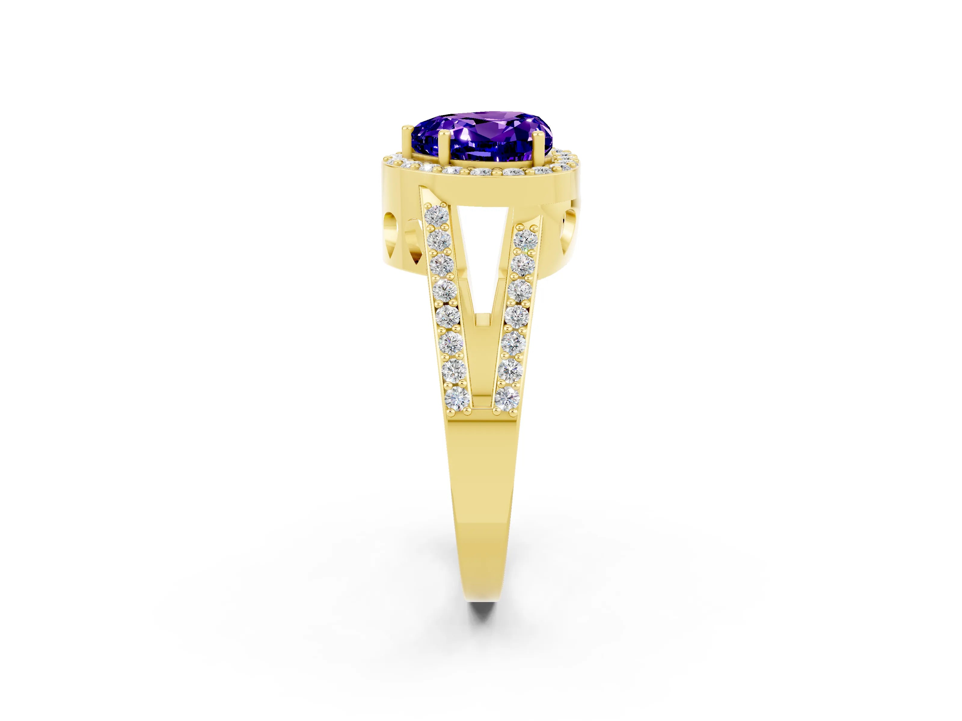 Yellow gold Heart Cut Tanzanite Halo Ring with Split Shank U-Prong Band and Four-Prong Setting_2