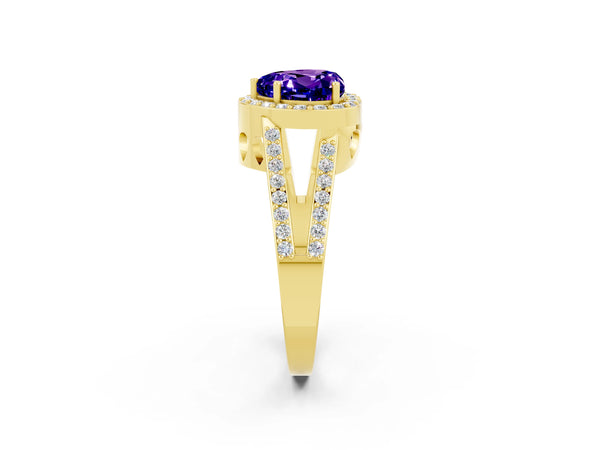 Yellow gold Heart Cut Tanzanite Halo Ring with Split Shank U-Prong Band and Four-Prong Setting