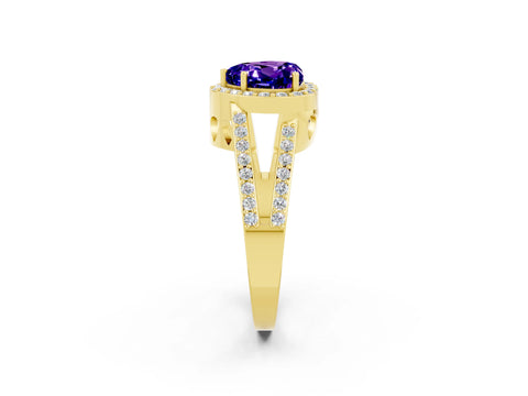 Yellow gold Heart Cut Tanzanite Halo Ring with Split Shank U-Prong Band and Four-Prong Setting_2