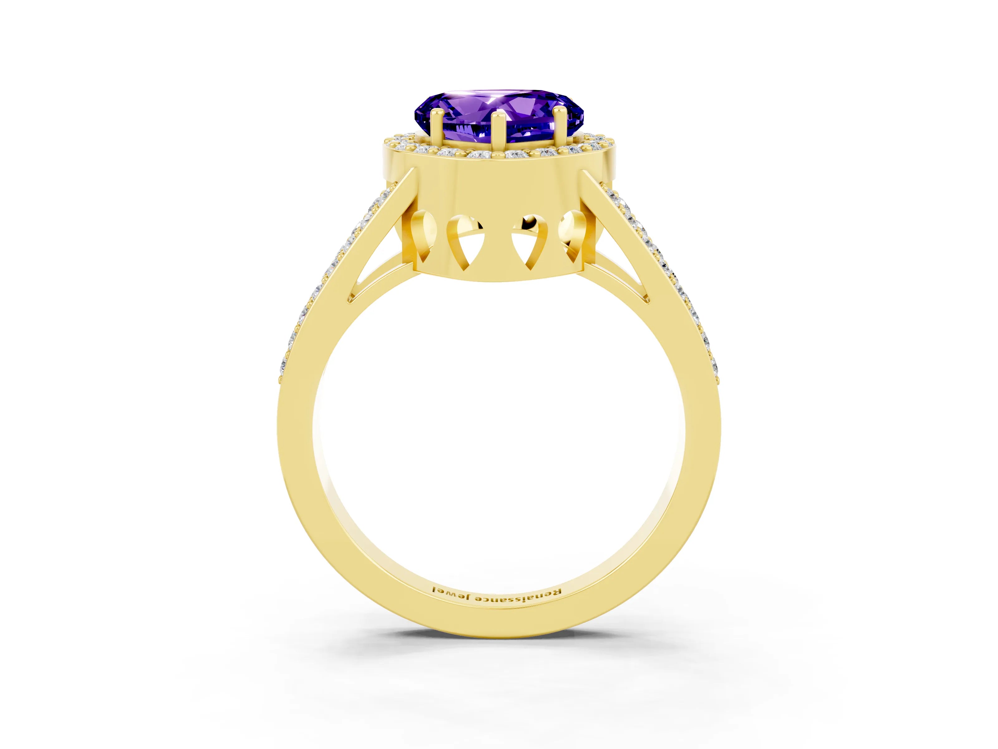 Yellow gold Heart Cut Tanzanite Halo Ring with Split Shank U-Prong Band and Four-Prong Setting_3