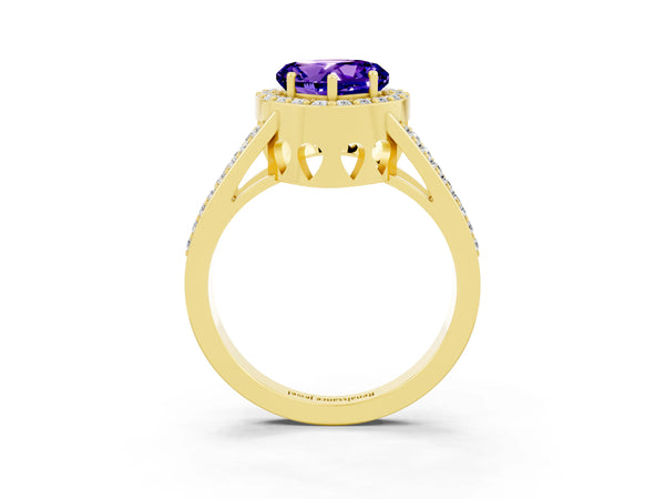 Yellow gold Heart Cut Tanzanite Halo Ring with Split Shank U-Prong Band and Four-Prong Setting