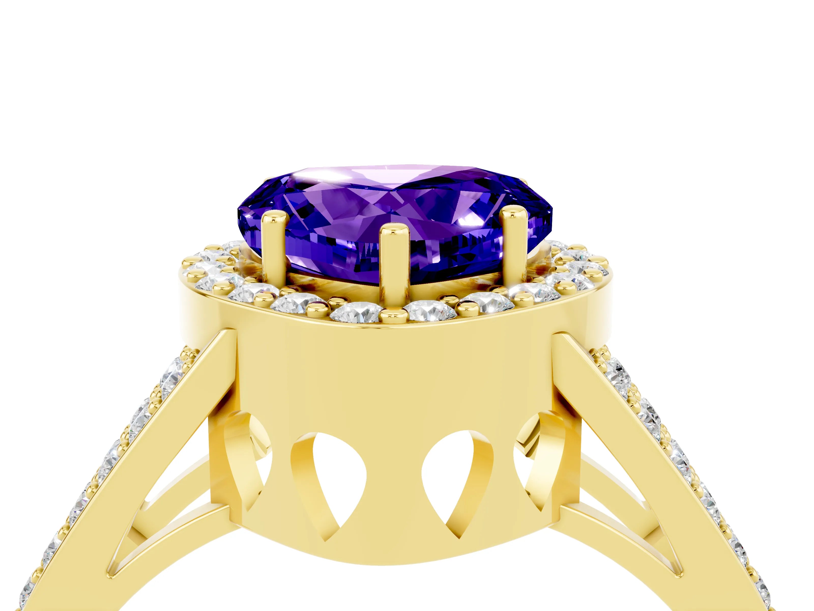 Yellow gold Heart Cut Tanzanite Halo Ring with Split Shank U-Prong Band and Four-Prong Setting_4