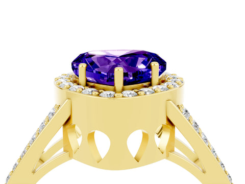Yellow gold Heart Cut Tanzanite Halo Ring with Split Shank U-Prong Band and Four-Prong Setting_4