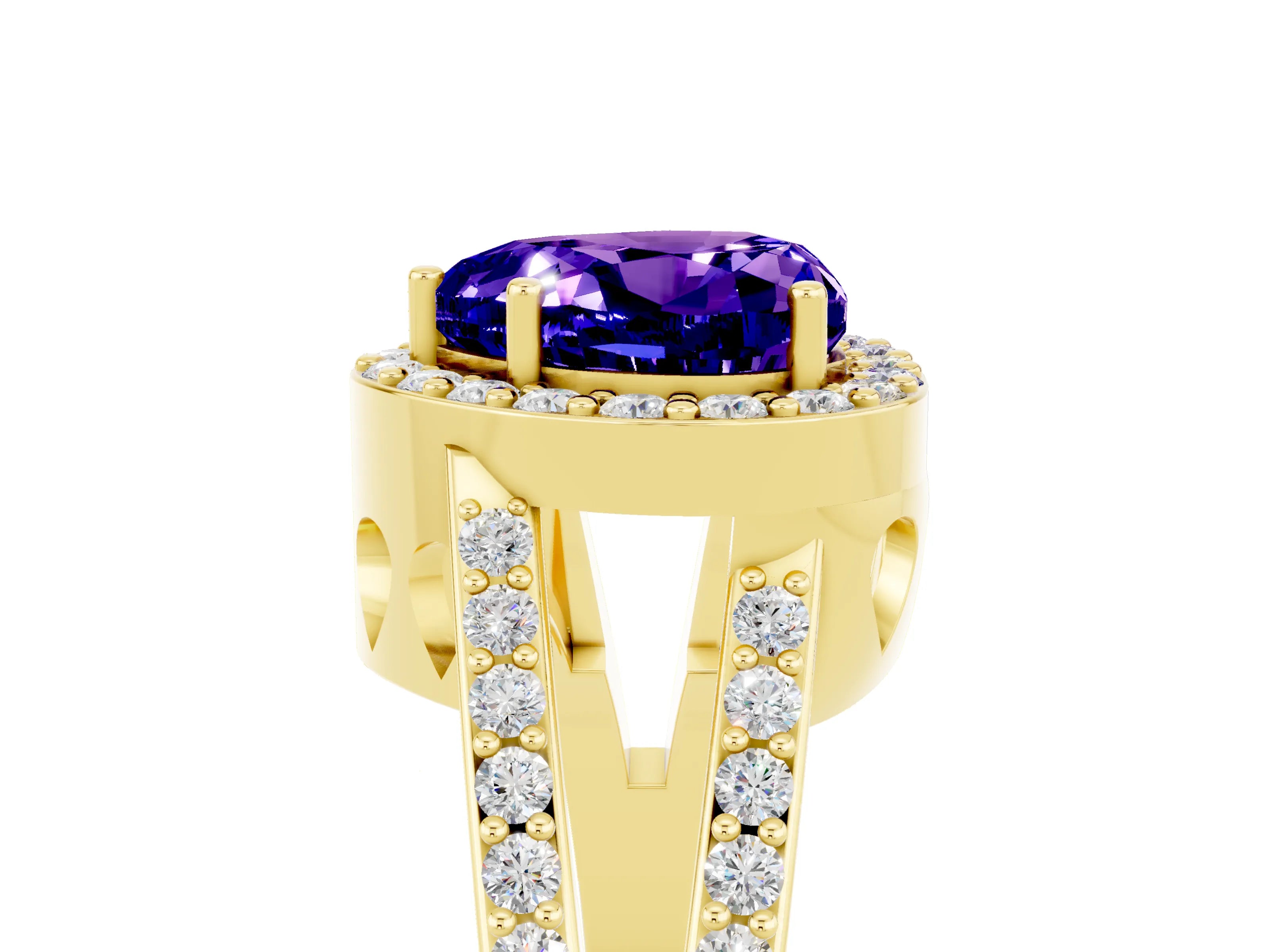 Yellow gold Heart Cut Tanzanite Halo Ring with Split Shank U-Prong Band and Four-Prong Setting_5