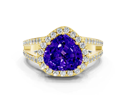 Yellow gold Heart Cut Tanzanite Halo Ring with Split Shank U-Prong Band and Four-Prong Setting