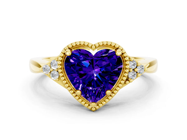 Yellow gold Heart Cut Tanzanite Halo Ring with Tapered Band and Four-Prong Setting
