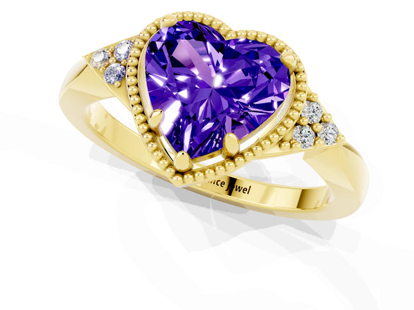 Yellow gold Heart Cut Tanzanite Halo Ring with Tapered Band and Four-Prong Setting