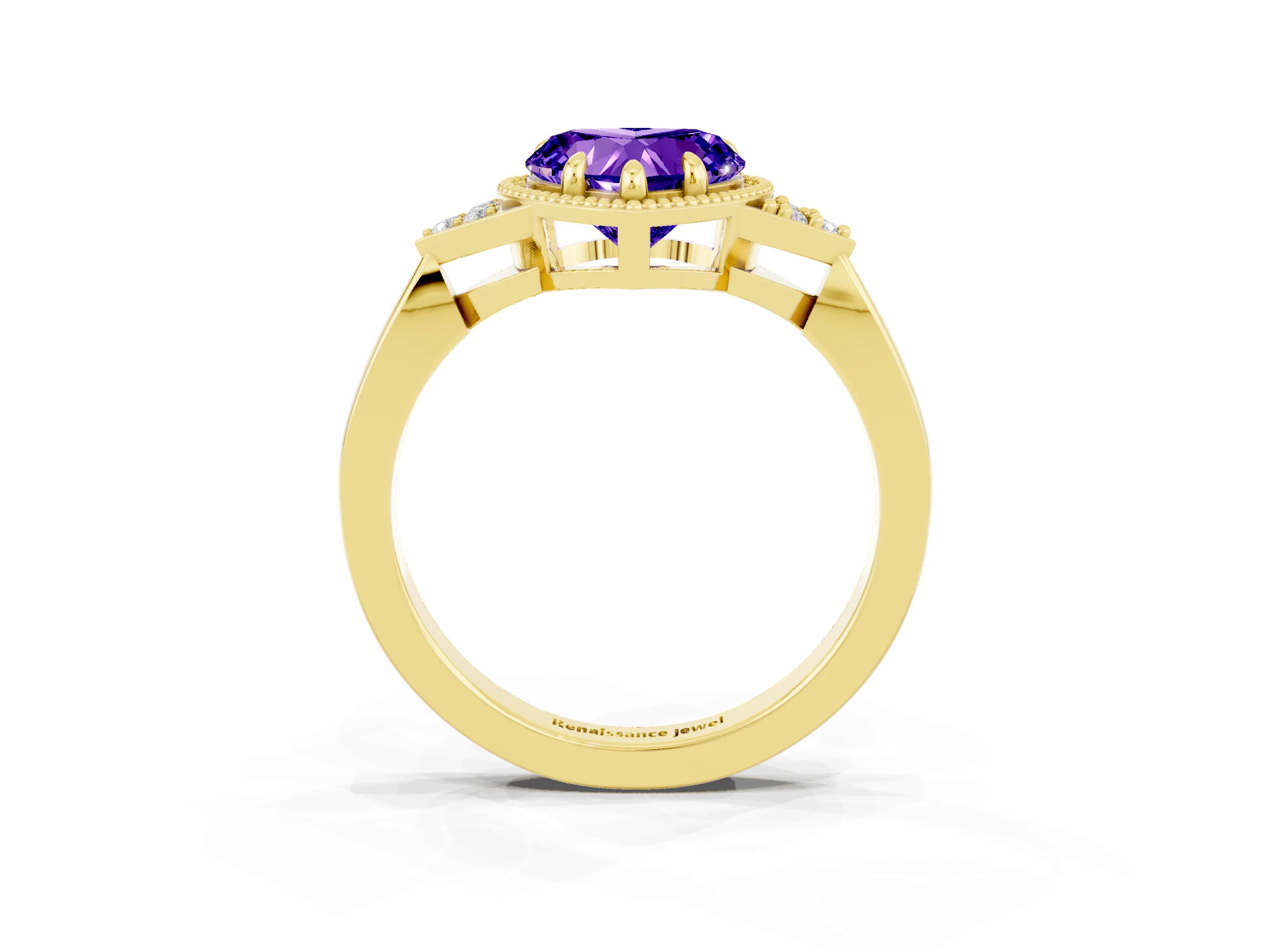 Yellow gold Heart Cut Tanzanite Halo Ring with Tapered Band and Four-Prong Setting_3