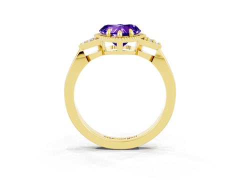 Yellow gold Heart Cut Tanzanite Halo Ring with Tapered Band and Four-Prong Setting_3