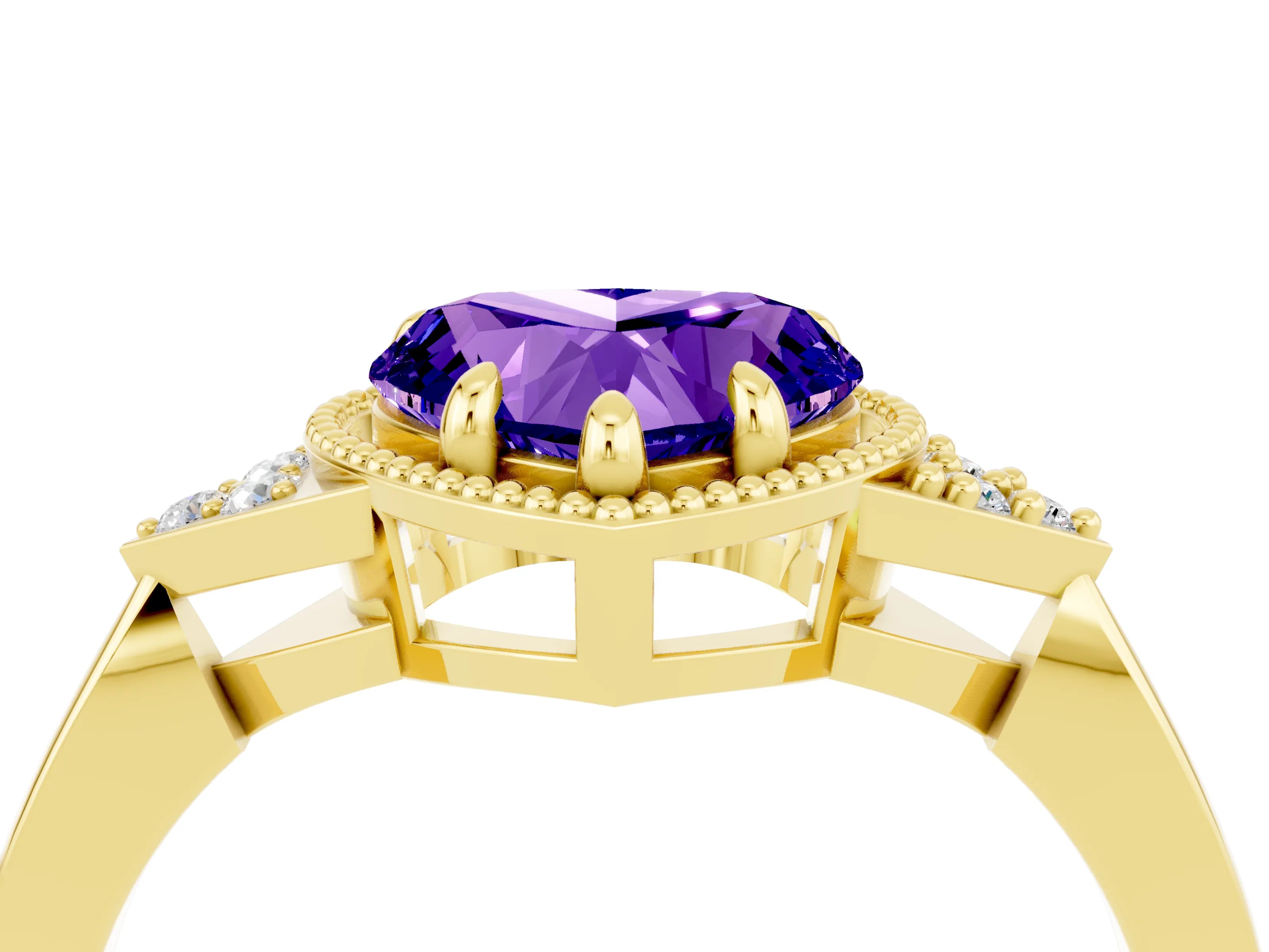 Yellow gold Heart Cut Tanzanite Halo Ring with Tapered Band and Four-Prong Setting_4