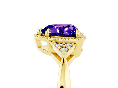Yellow gold Heart Cut Tanzanite Halo Ring with Tapered Band and Four-Prong Setting_5