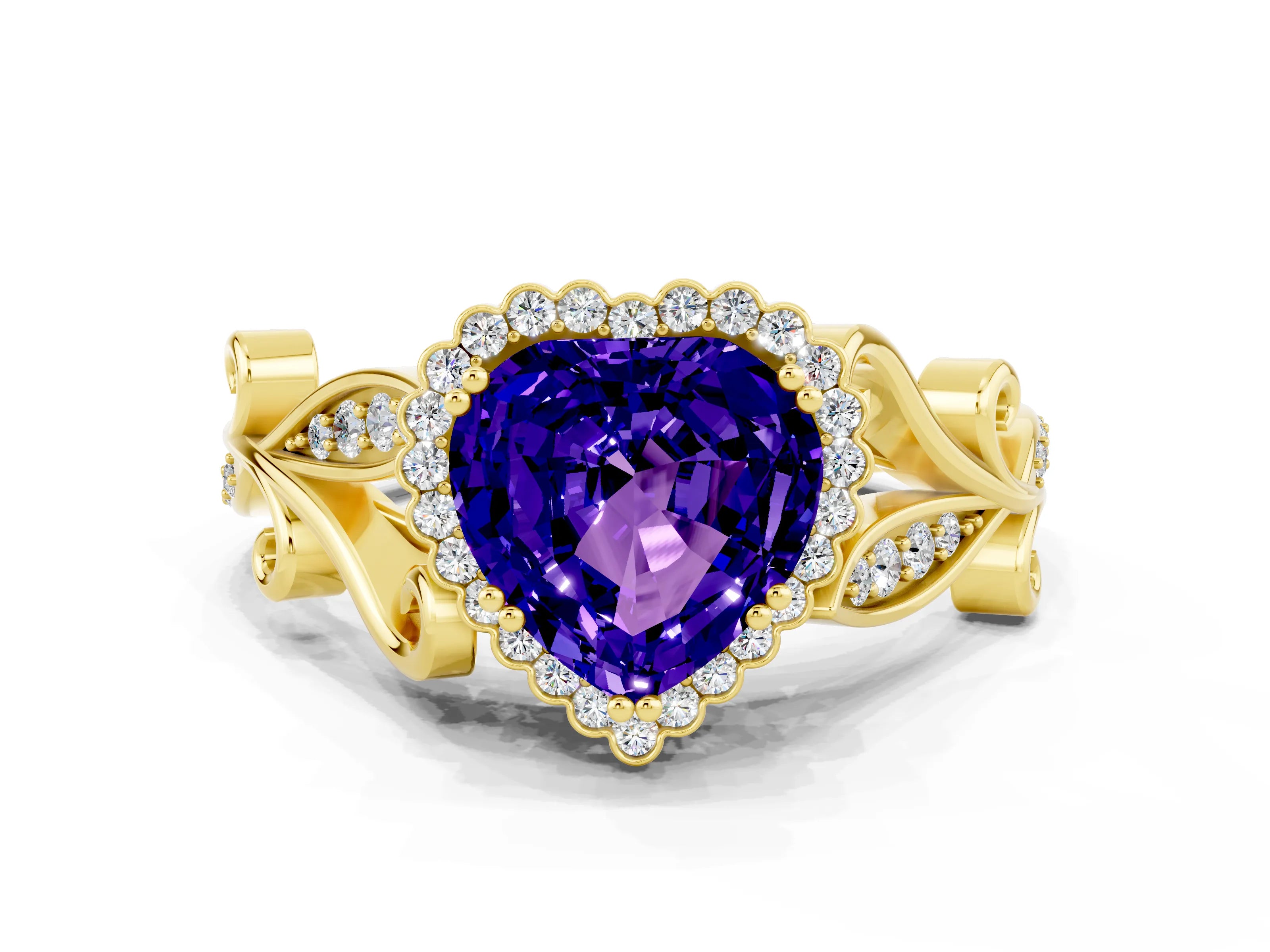 Yellow gold Heart Cut Tanzanite Halo Ring with Vintage Split Shank and Four-Prong Setting