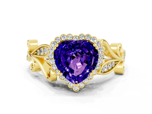 Yellow gold Heart Cut Tanzanite Halo Ring with Vintage Split Shank and Four-Prong Setting