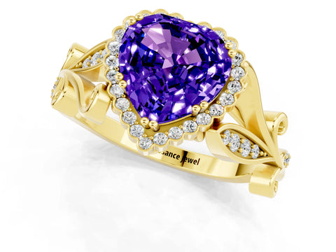 Yellow gold Heart Cut Tanzanite Halo Ring with Vintage Split Shank and Four-Prong Setting_1