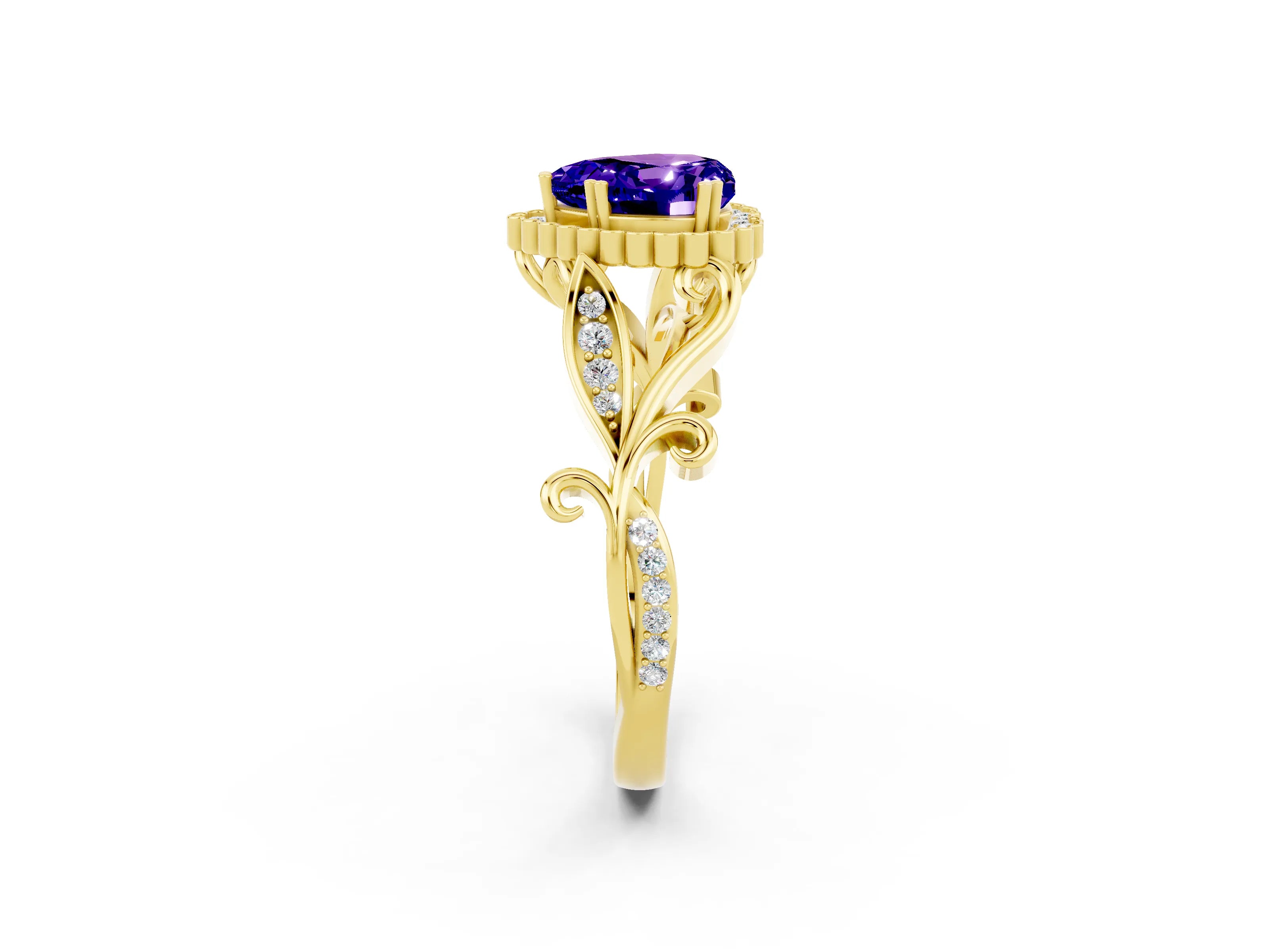Yellow gold Heart Cut Tanzanite Halo Ring with Vintage Split Shank and Four-Prong Setting_2