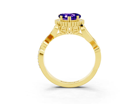 Yellow gold Heart Cut Tanzanite Halo Ring with Vintage Split Shank and Four-Prong Setting_3