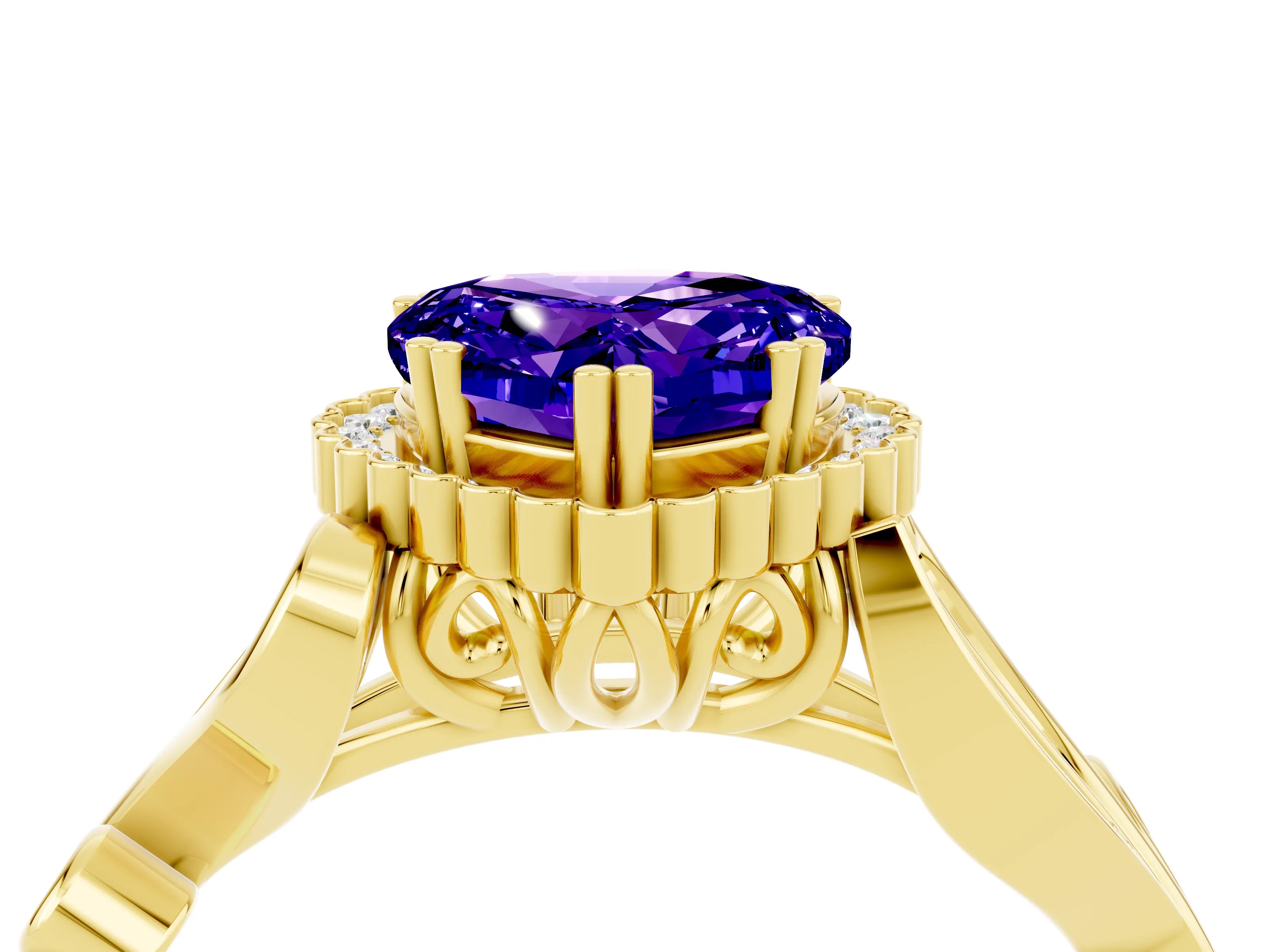 Yellow gold Heart Cut Tanzanite Halo Ring with Vintage Split Shank and Four-Prong Setting_4