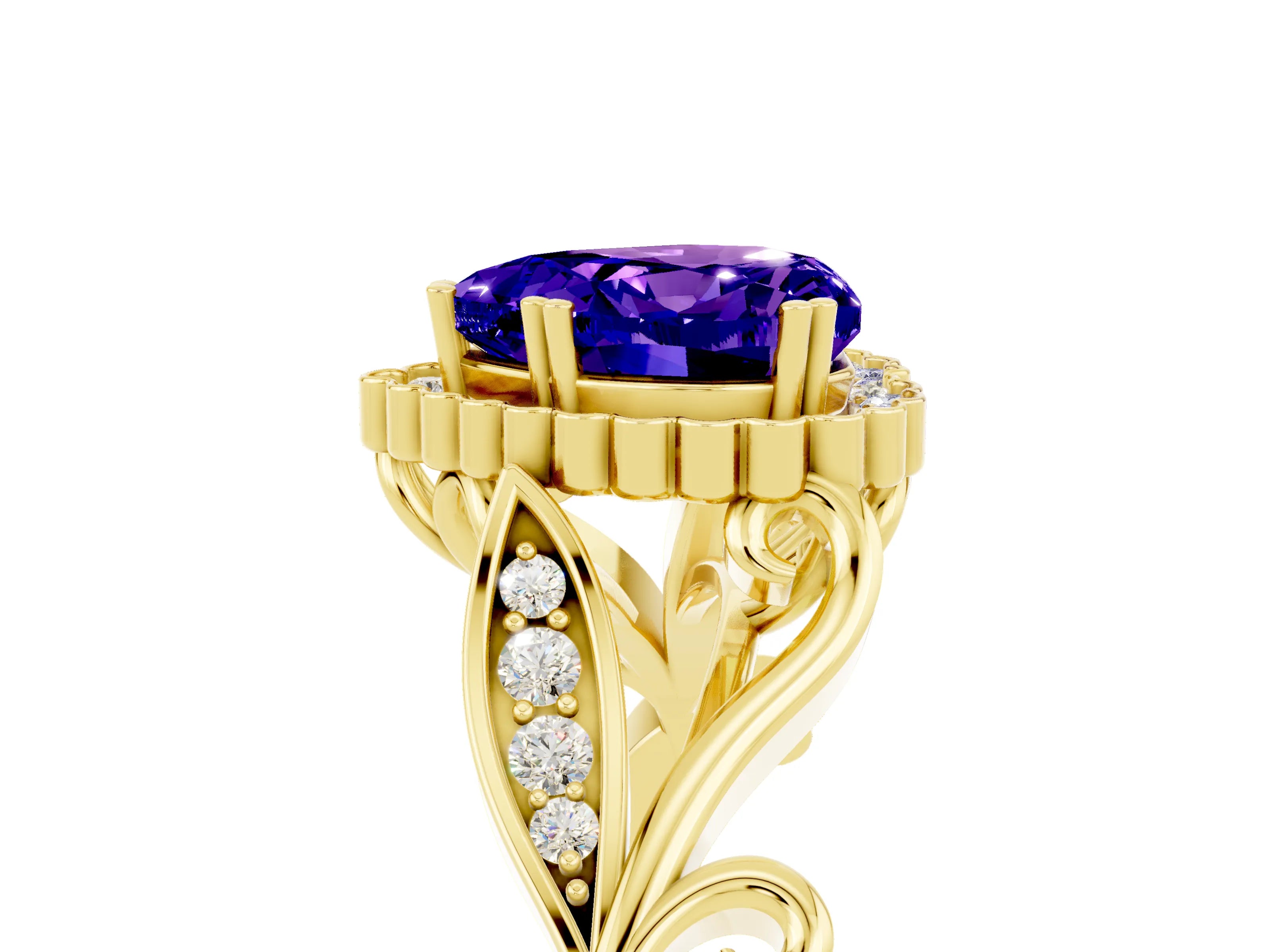 Yellow gold Heart Cut Tanzanite Halo Ring with Vintage Split Shank and Four-Prong Setting_5