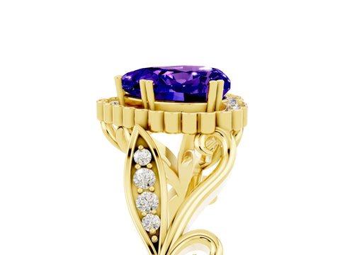 Yellow gold Heart Cut Tanzanite Halo Ring with Vintage Split Shank and Four-Prong Setting_5