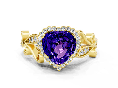 Yellow gold Heart Cut Tanzanite Halo Ring with Vintage Split Shank and Four-Prong Setting