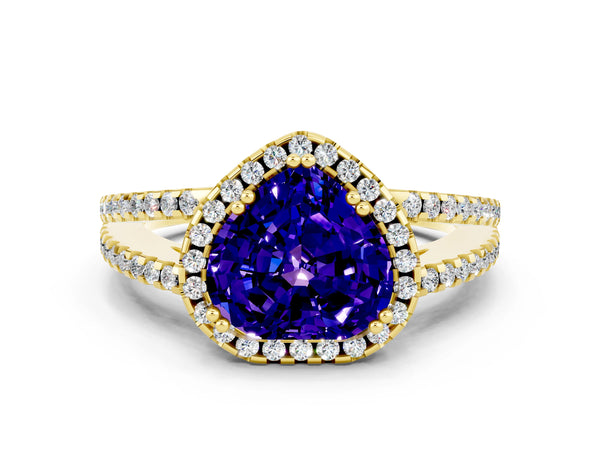 Yellow gold Heart Cut Tanzanite Halo Split Shank Engagement Ring