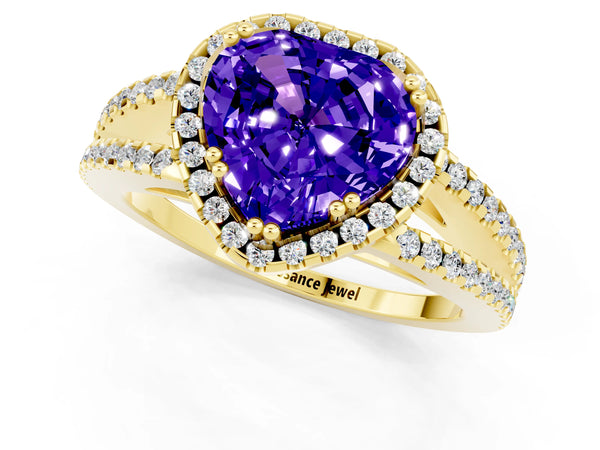 Yellow gold Heart Cut Tanzanite Halo Split Shank Engagement Ring