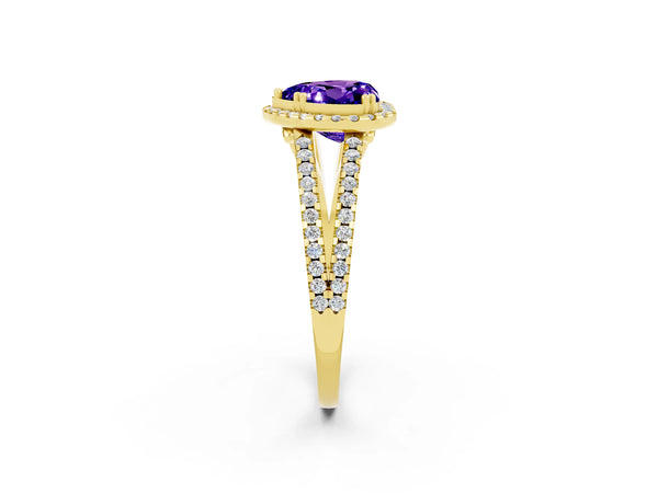 Yellow gold Heart Cut Tanzanite Halo Split Shank Engagement Ring