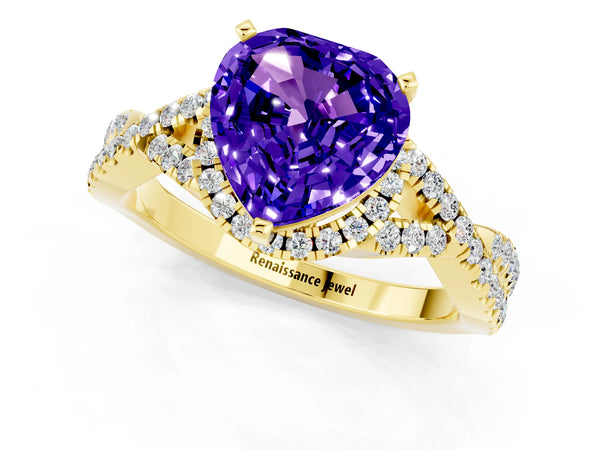 Yellow gold Heart Cut Tanzanite  Halo Twist Band Solitaire Prong Setting Ring