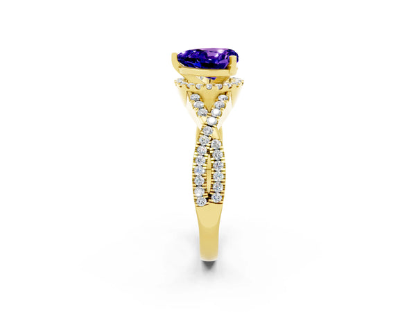 Yellow gold Heart Cut Tanzanite  Halo Twist Band Solitaire Prong Setting Ring